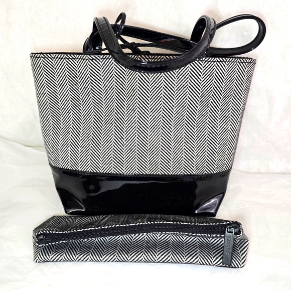 ESTEE LAUDER herring bone pattern Mini Tote Bag with matching zip pouch NWOT - Picture 1 of 9
